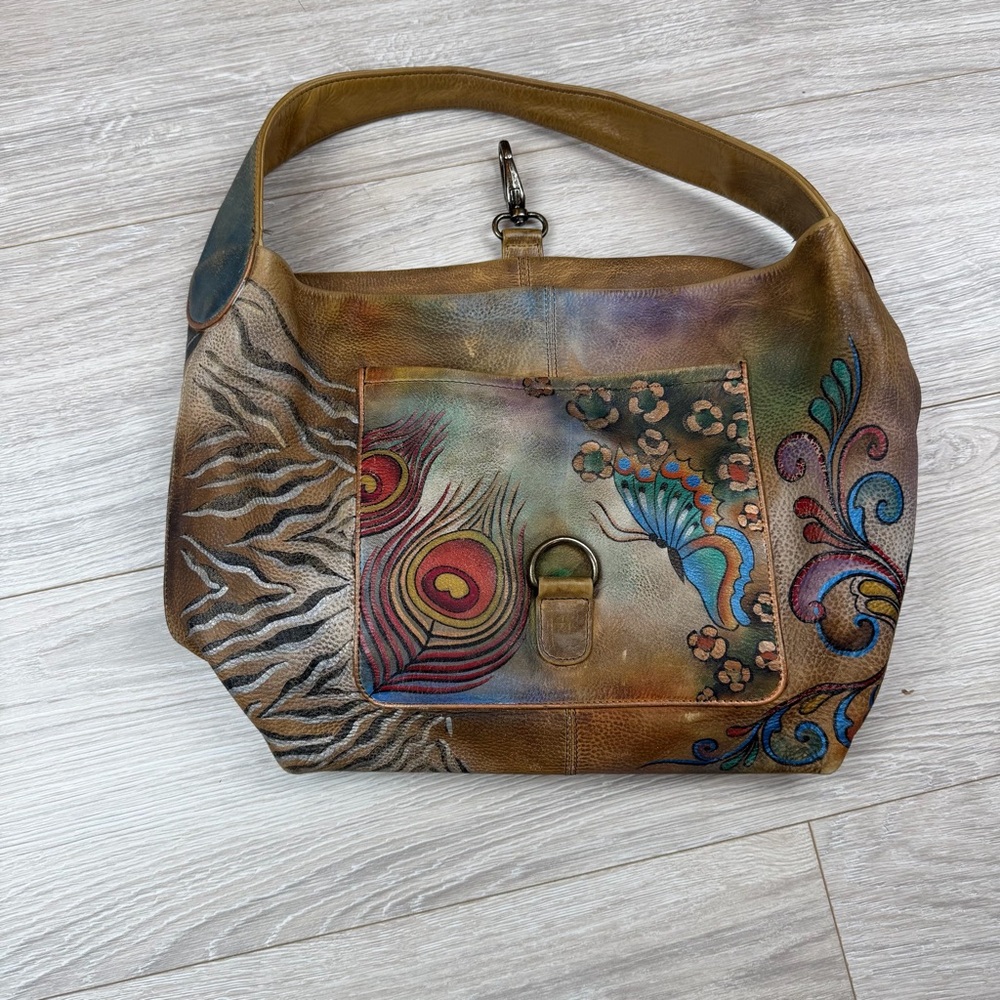 Anuschka Hand Painted Leather Hobo Bag Butterfly Peacock Tiger Tan Multi Art